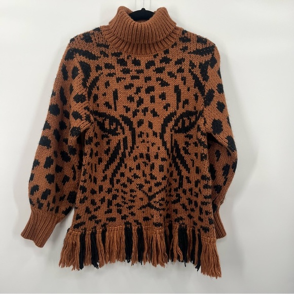NWT FARM Rio Caramel Leopard Turtleneck Wool Sweater Knit Fleece Pullover XS - Picture 9 of 15